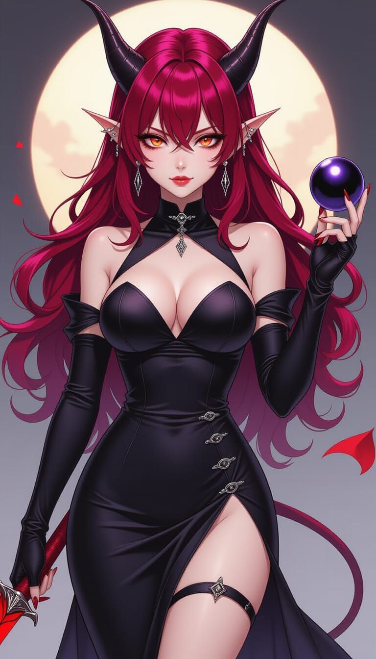 Fantasy Demon with Crimson Hair in Manga Style