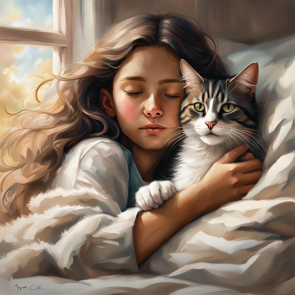 Girl and Cat Cuddle: Hyperrealistic Digital Art