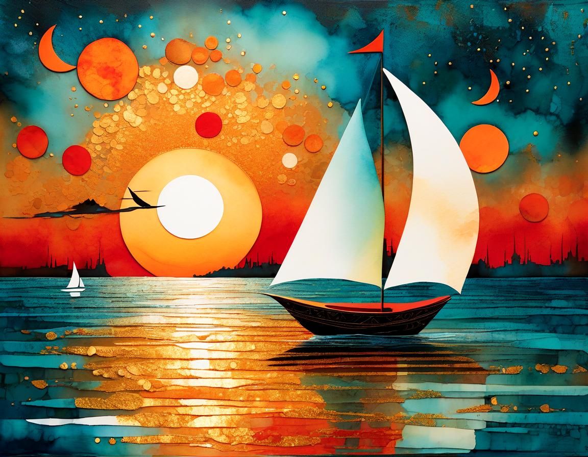 Teal Sailboat at Sunset: Surreal Mixed Media Collage
