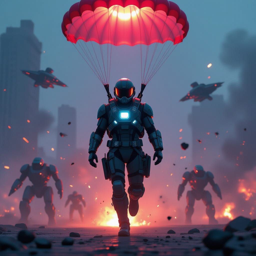 Futuristic Paratrooper Descends onto Neon Battlefield