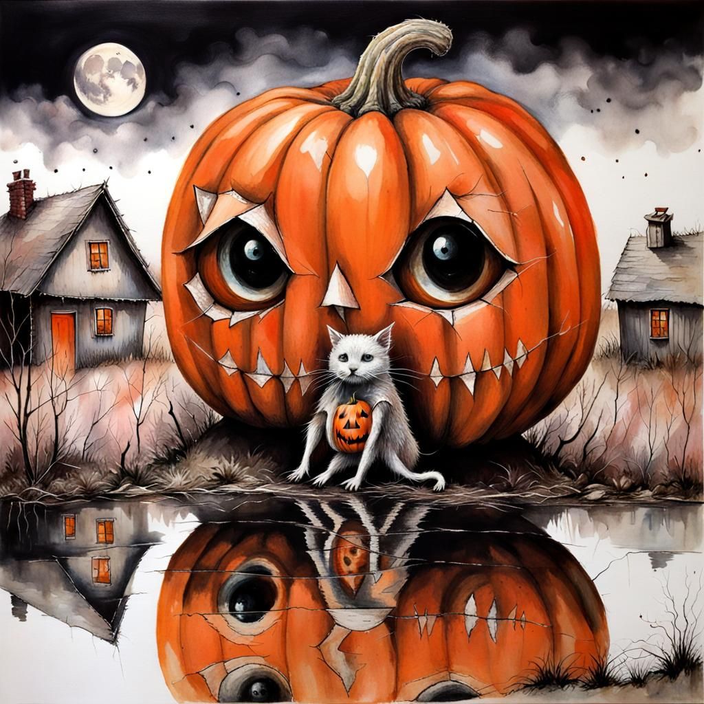 Pumpkin Creature in Mirrored Dark Fantasy Village