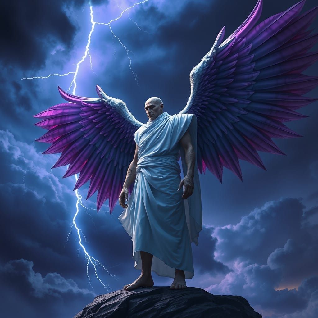 Majestic Winged Hero Soars Against Turbulent Skies