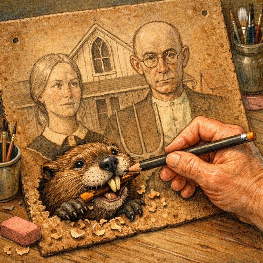 Whimsical Illustration of Artist Sketching American Gothic