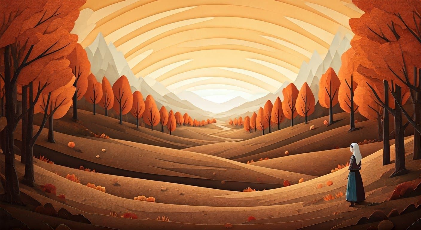 Woman in Autumn Valley as Paper Collage