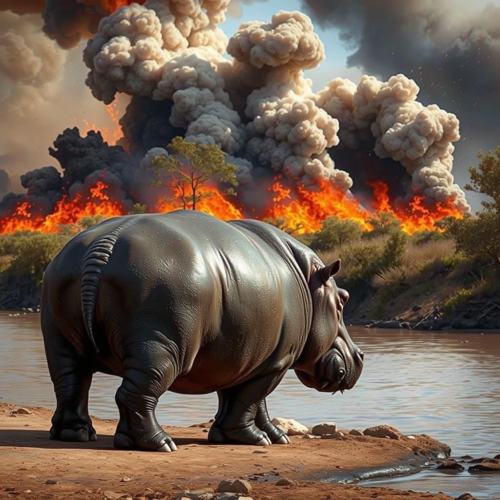 Hippopotamus Observes Bush Fire in Hyperrealistic Photo
