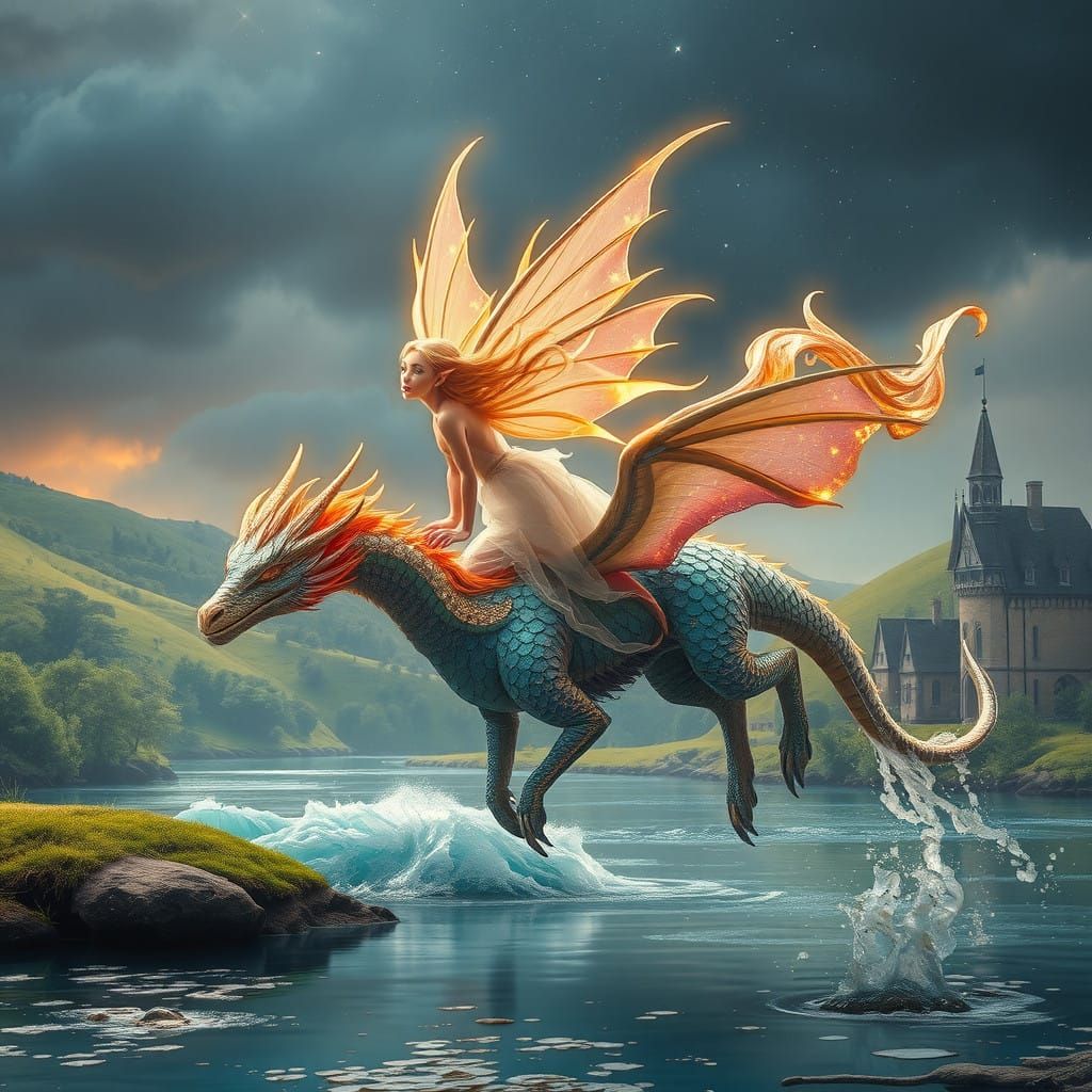 Enchanted Fairies Ride Water Dragons Over Victorian Village