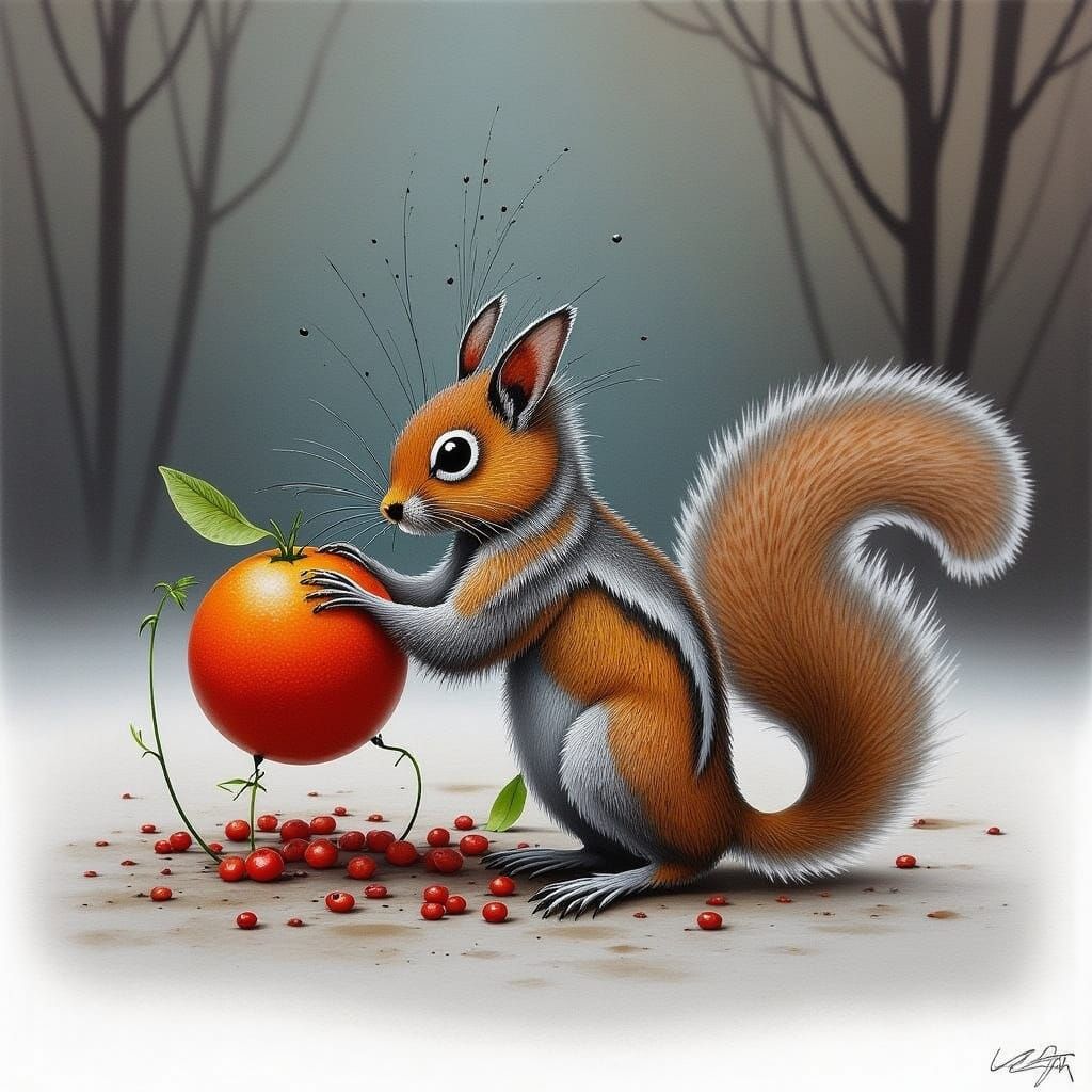 Vibrant Winter Squirrels in a Cyberpunk Landscape