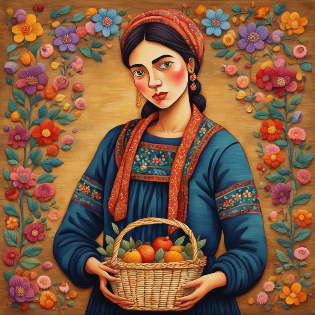 Folk Art Portrait with Colorful Embroidery