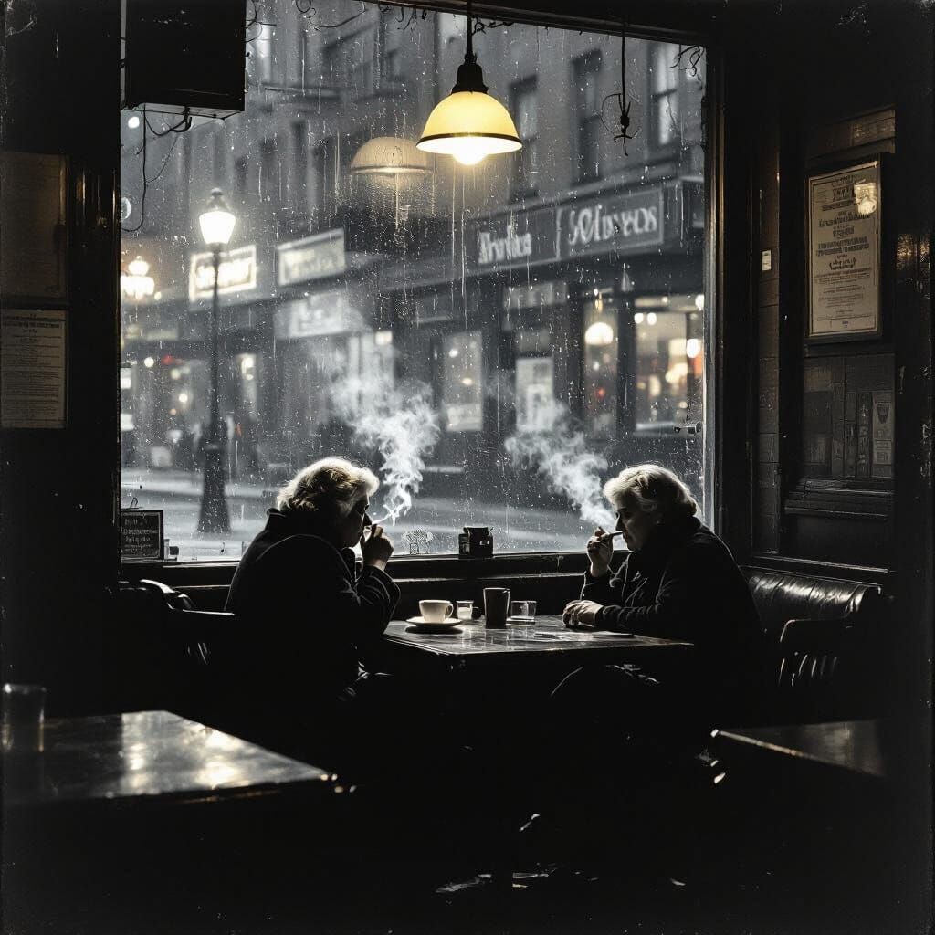 Noir NYC Coffee Shop at Night with Solitary Woman