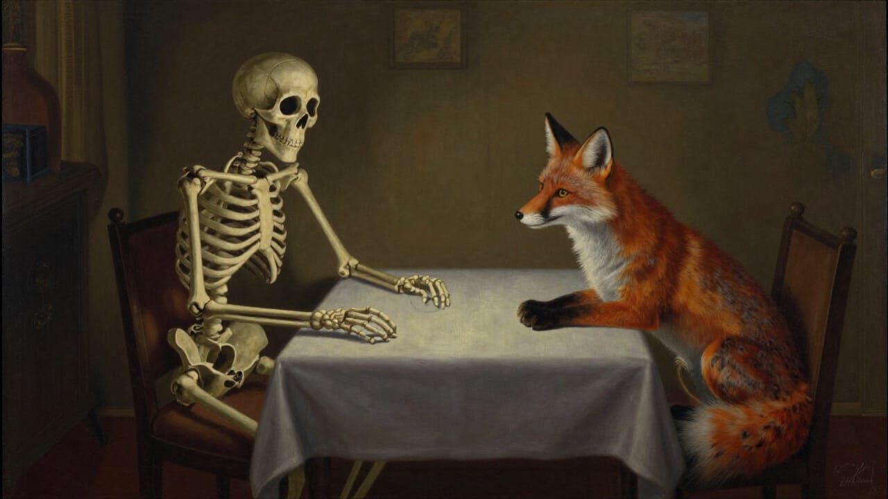 Skeleton and Fox at Table in Magical Realism Style