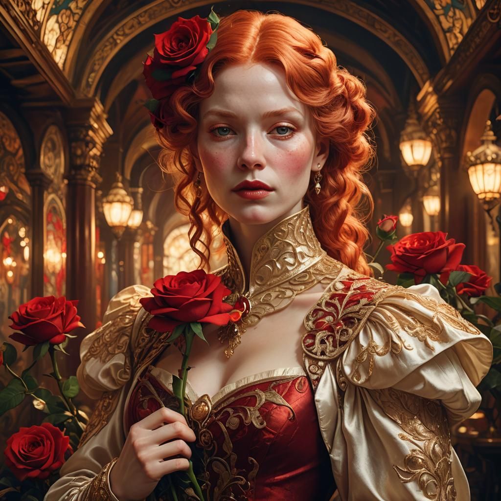 Albino Woman with Red Rose in Art Nouveau Style