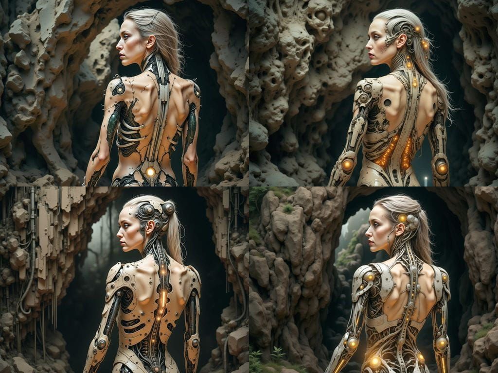 Cyborg Woman Emerging From Dark Cave in 8K