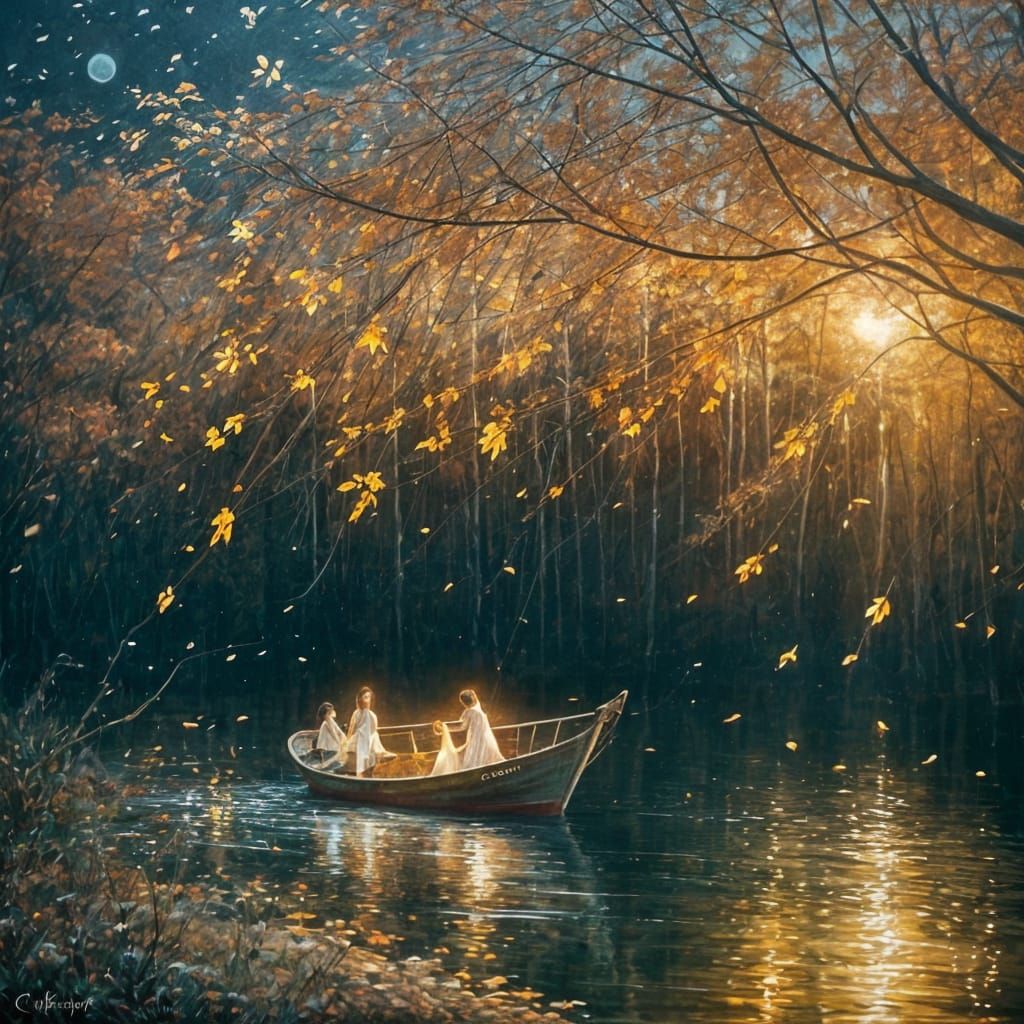 Ethereal autumn sunset, a boat on a river, reeds, background...