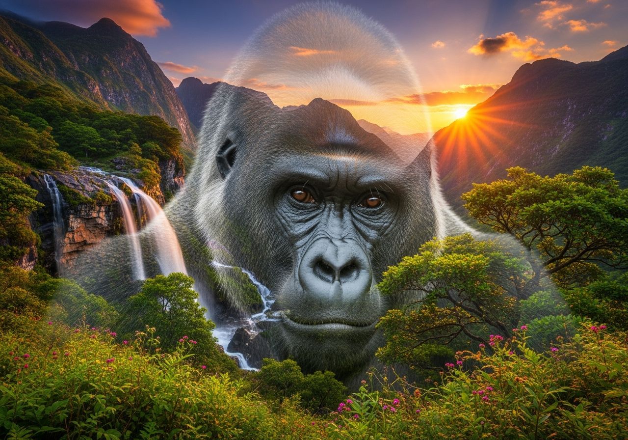Majestic Mountain Gorilla Double Exposure at Sunset