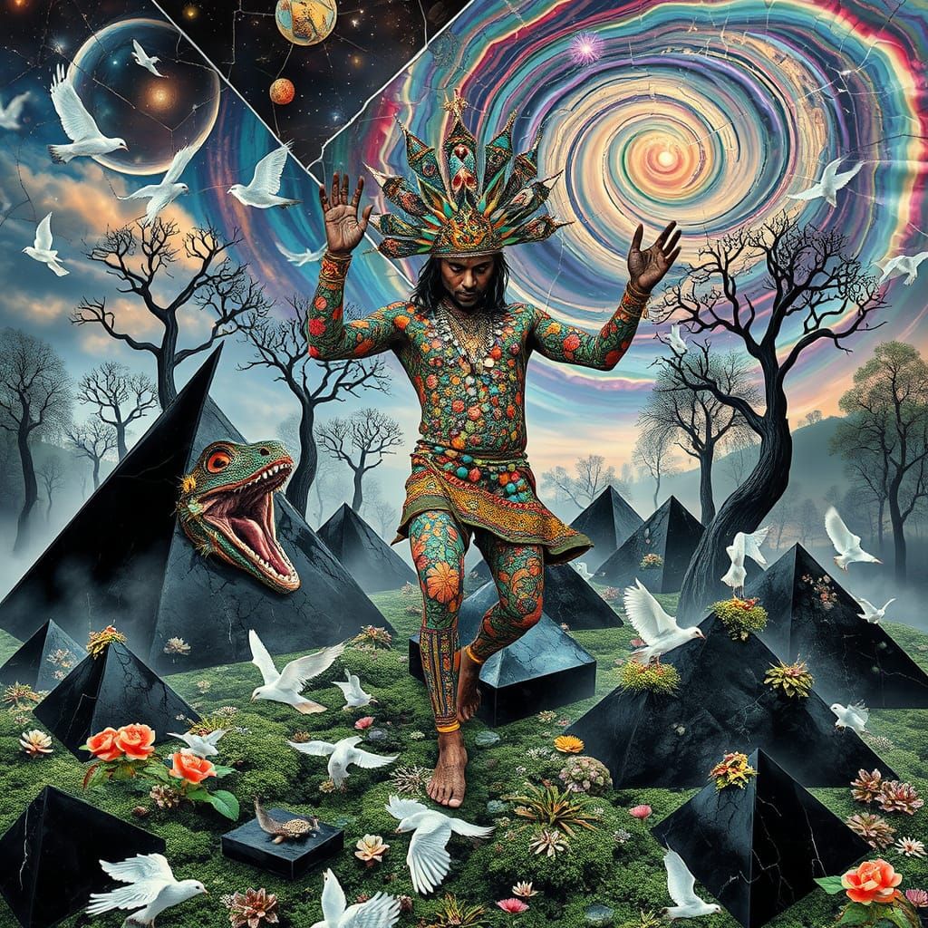 Mystical Prince Dancing on Pyramids: a Bio-Art Collage
