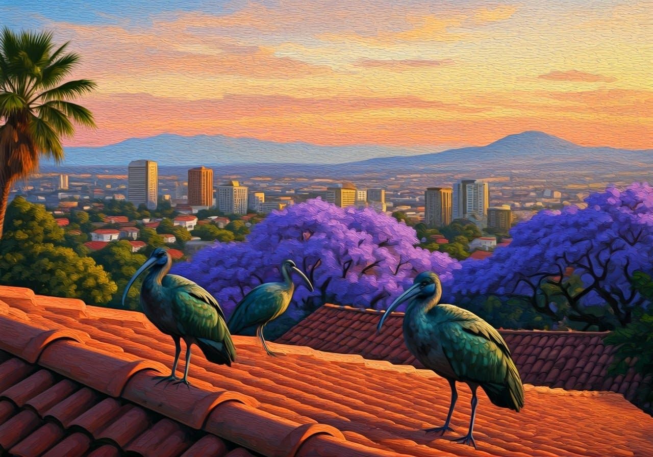 Hadeda-Ibis Birds and Jacaranda Trees at Dawn