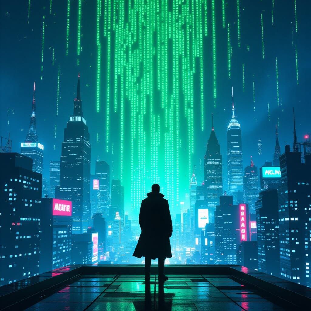 Cyberpunk Megacity with Binary Code Overlay