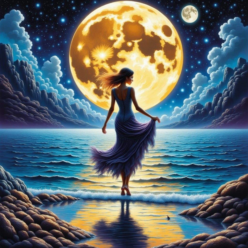 Woman Dancing Under Moon in Pablo Amaringo Style