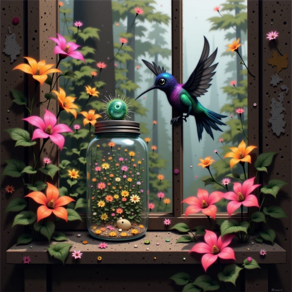 Hummingbird Sipping Nectar in a Jar: Hyperrealistic Image