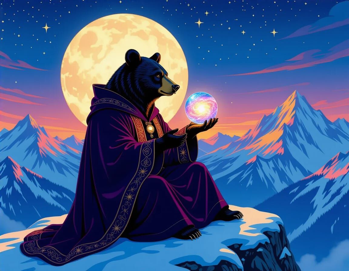 Cosmic Bear Contemplating the Universe in Dark Fantasy Style