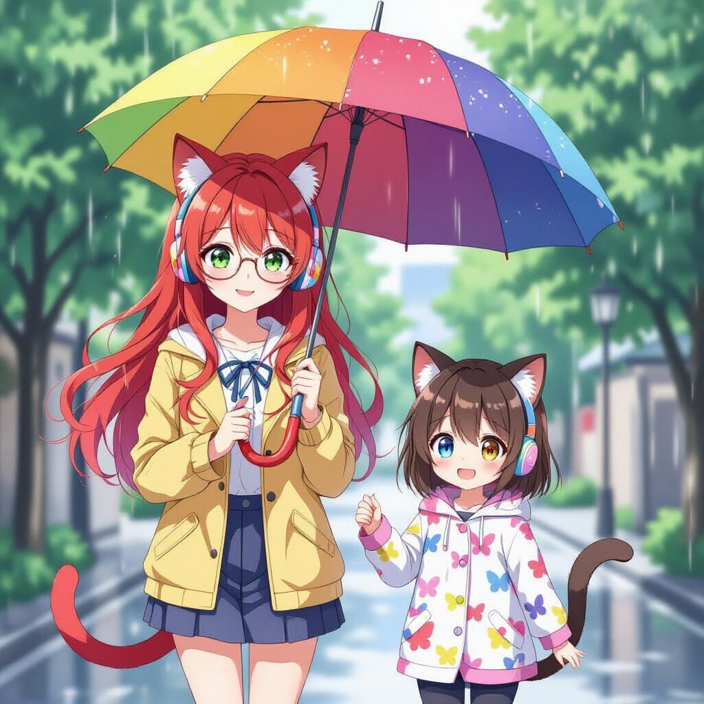 Anime Sisters with Cat Ears in Rainbow Umbrella Rain