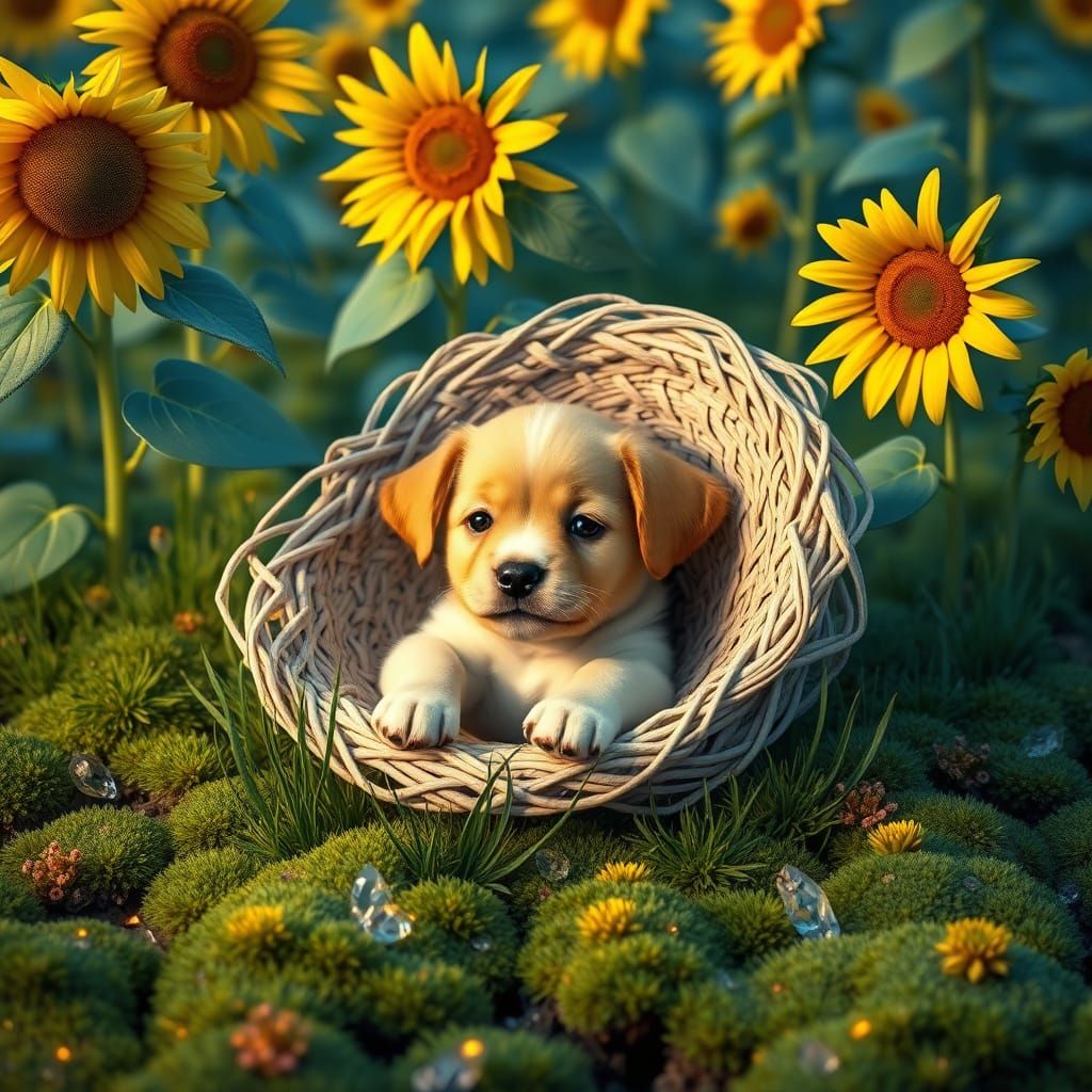 Puppy in Sunflower Field with Bioluminescent Moss