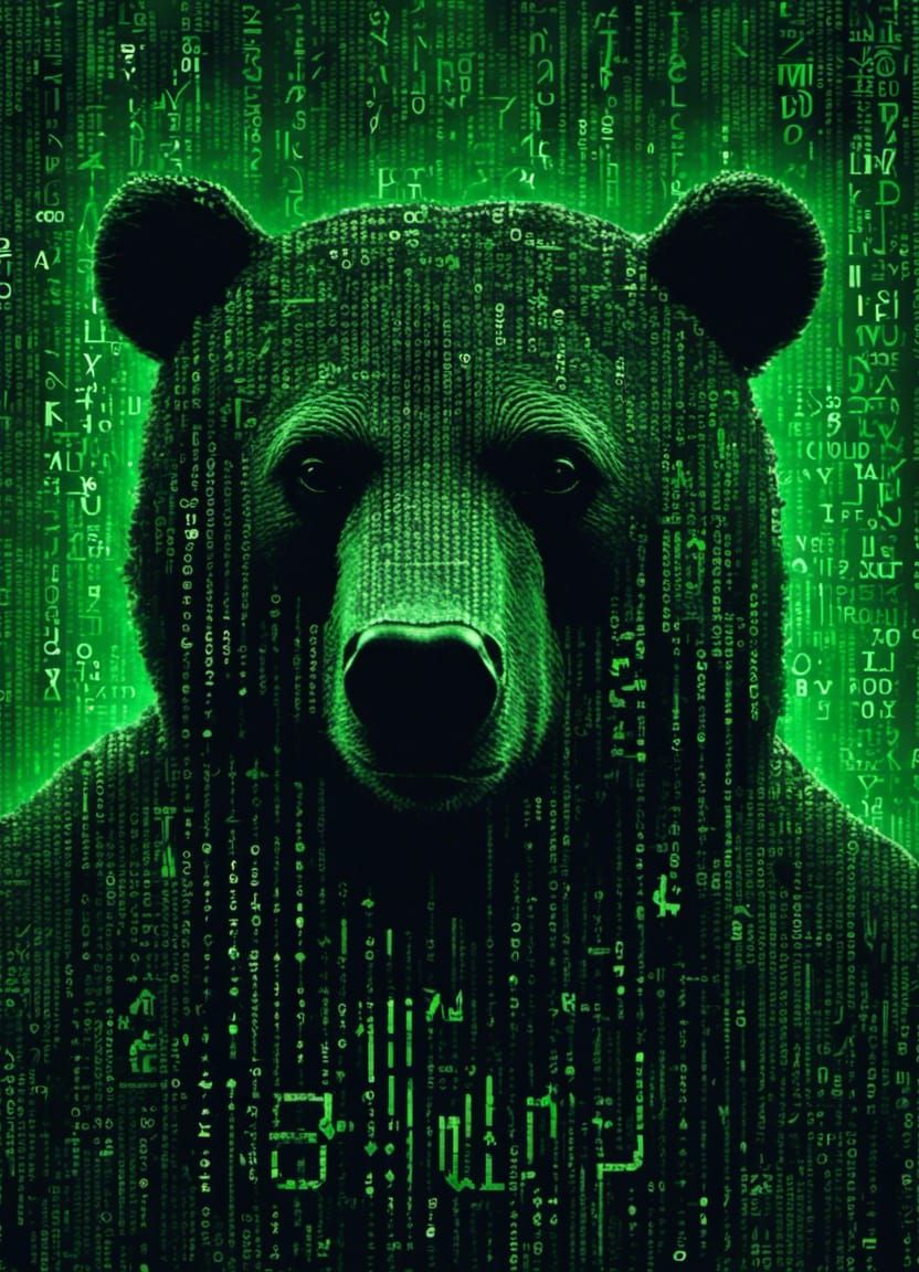 Matrix Style Bear Portrait in Binary ASCII Starscape