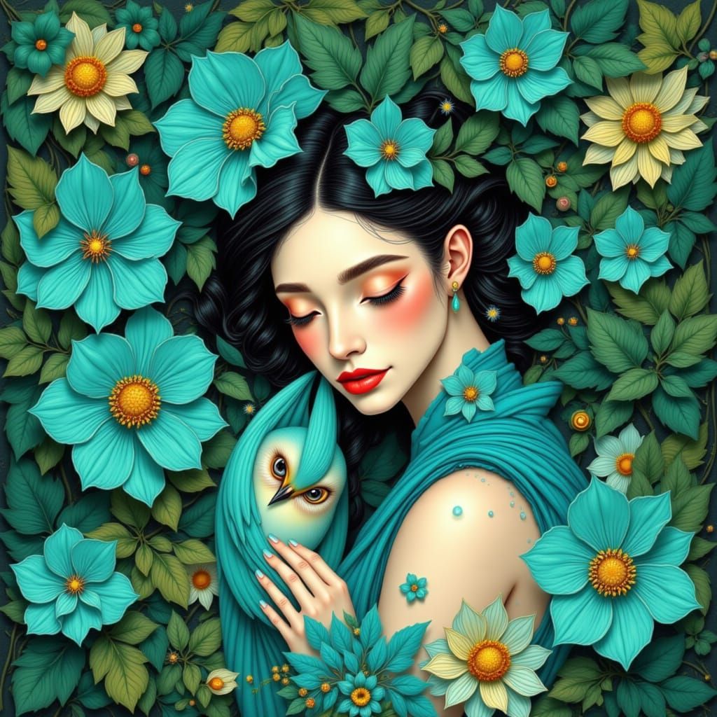 Woman with Turquoise Bird in Pop Surrealist Style