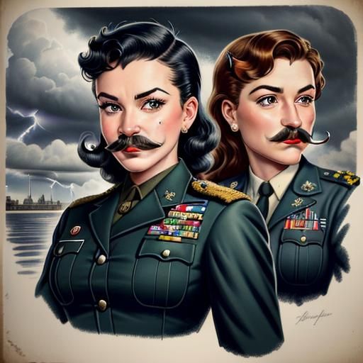 Military Women with Ornate Mustaches in Pin-Up Style