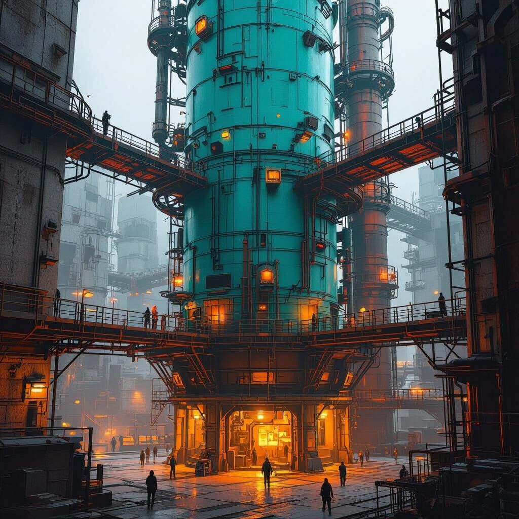 Futuristic Industrial Tower with Turquoise Cylinder in Digit...