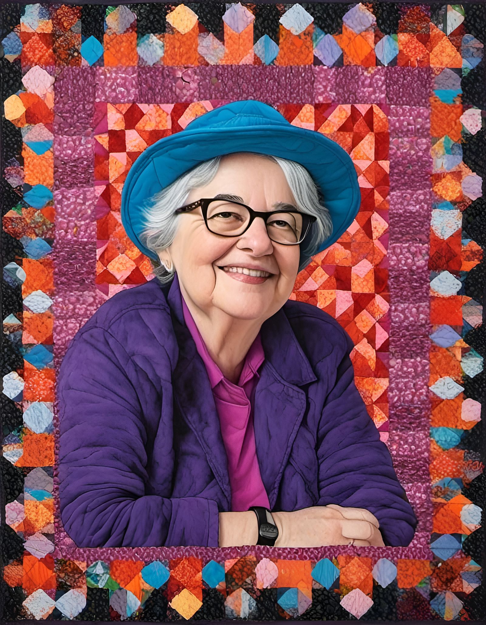 Portrait with Hat and Detailed Fabric Quilt