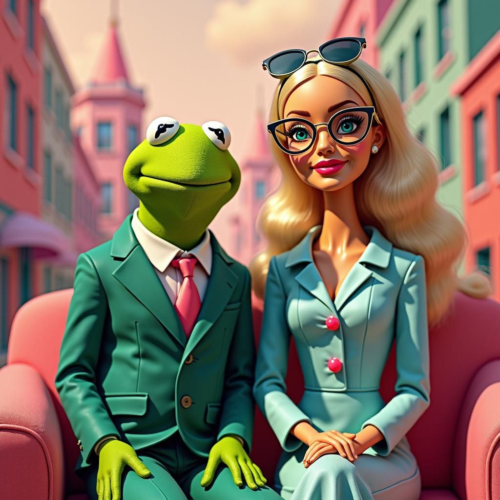 Kermit and Barbie in Pop Art Cityscape