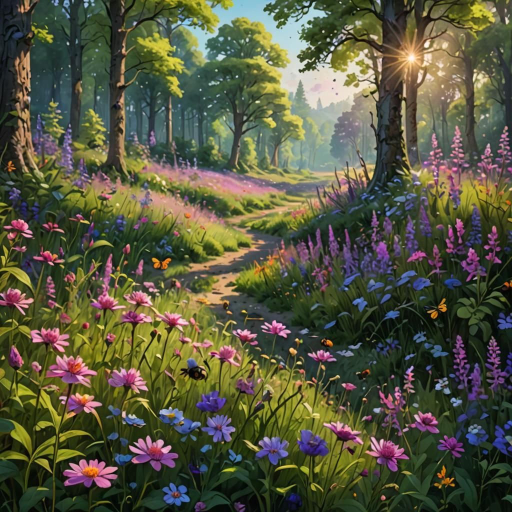 Lush Wildflower Meadow in Impressionist Style