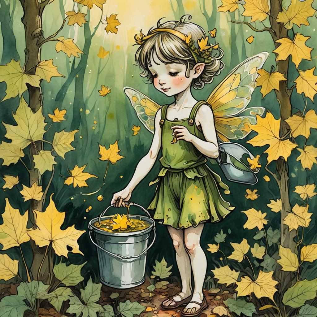 Whimsical Fairy Paints Autumn Leaf: Ink Drawing
