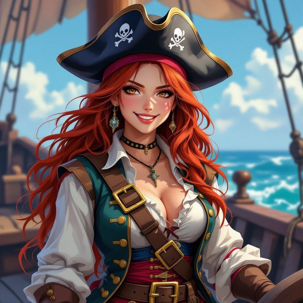 Proud Female Pirate with Red Hair on Ship