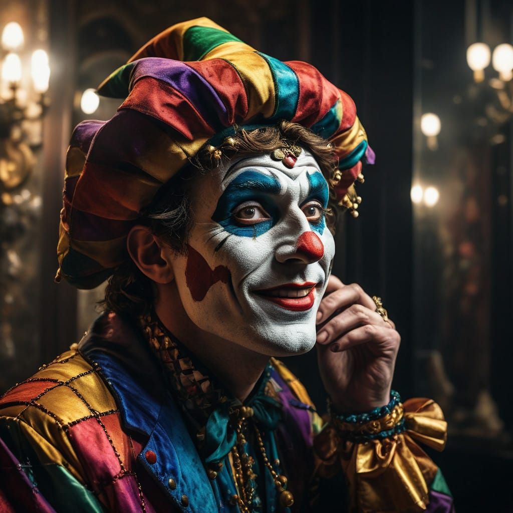Joyful Jester Prepares for Performance in Vibrant Theater Dr...