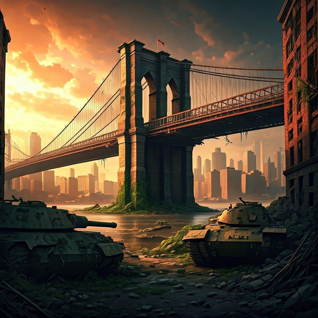 Ravaged Brooklyn Bridge in a Desolate New York Cityscape