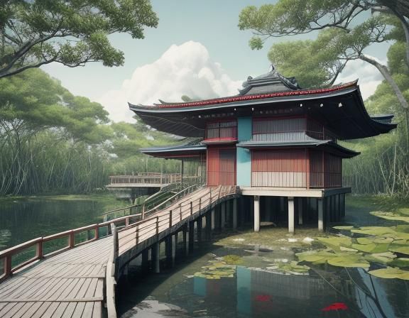 Minimalist Building in Mangrove Swamp, Ukiyo-e Style