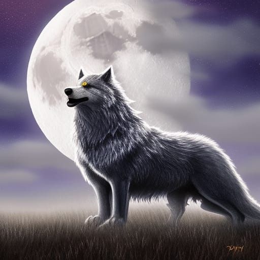 Epic Dire Wolf in Moonlit Fantasy Landscape