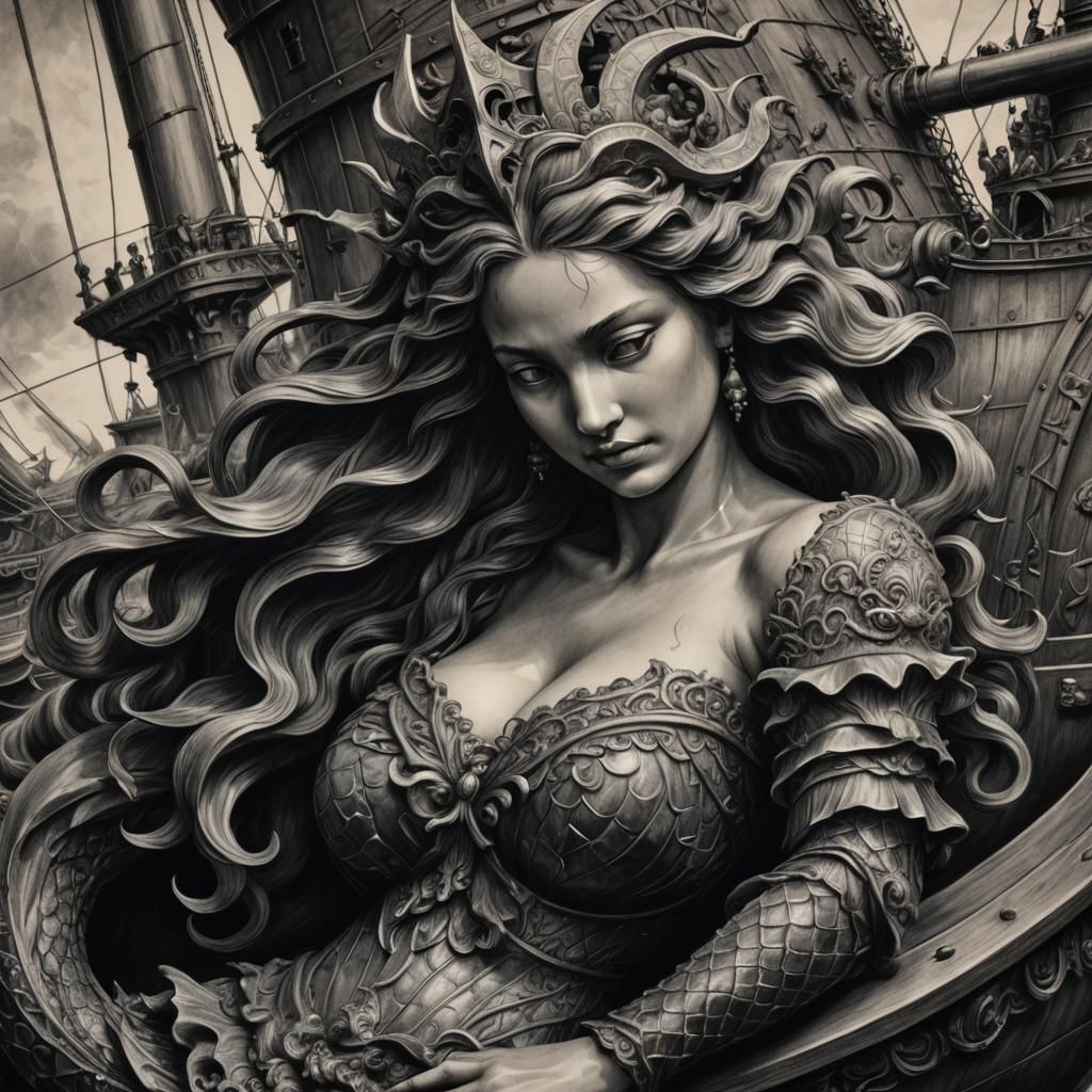 Detailed Charcoal Drawing of a Mermaid Figurehead