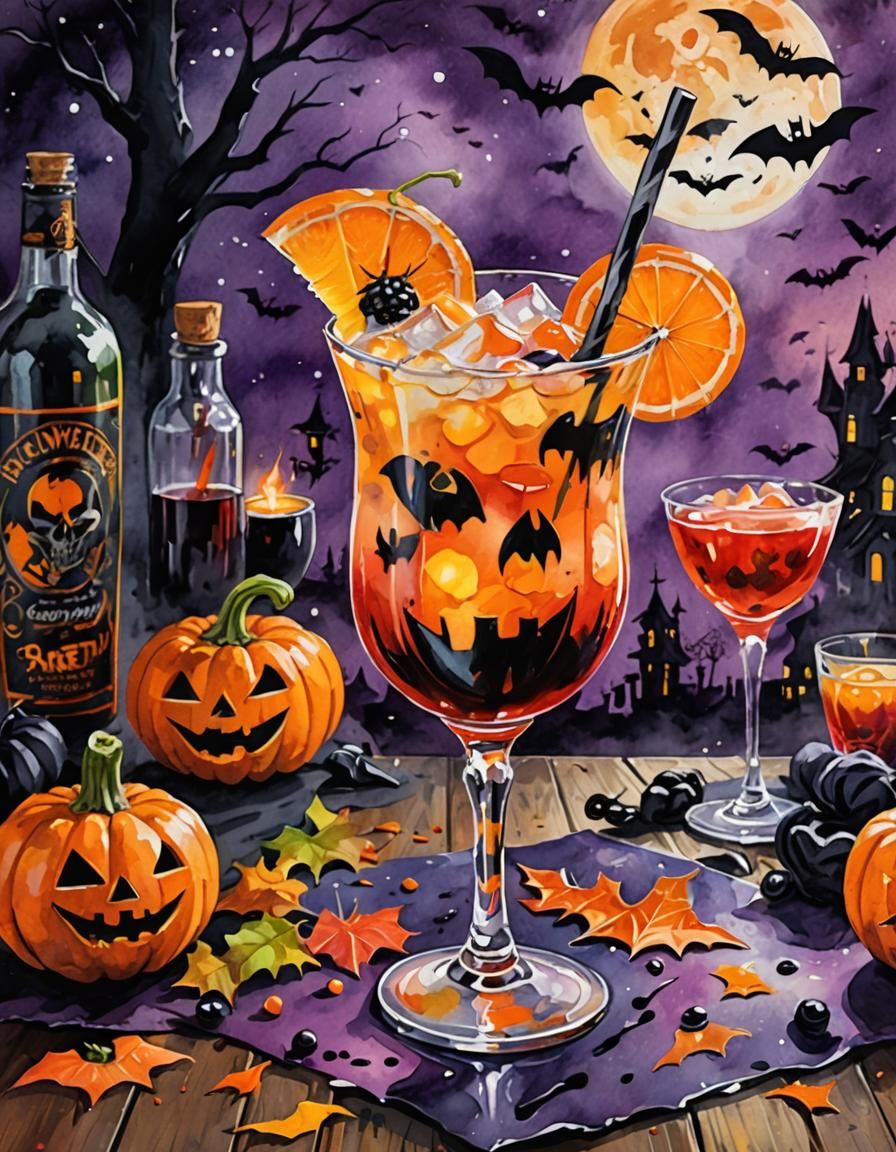 Halloween Cocktail as Gouache Impressionist Painting