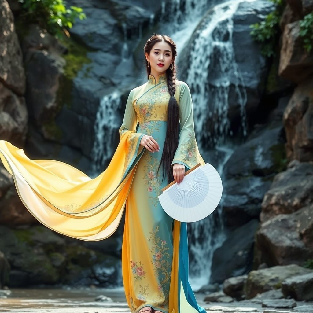 Woman in Qipao at Waterfall: Realistic Photo