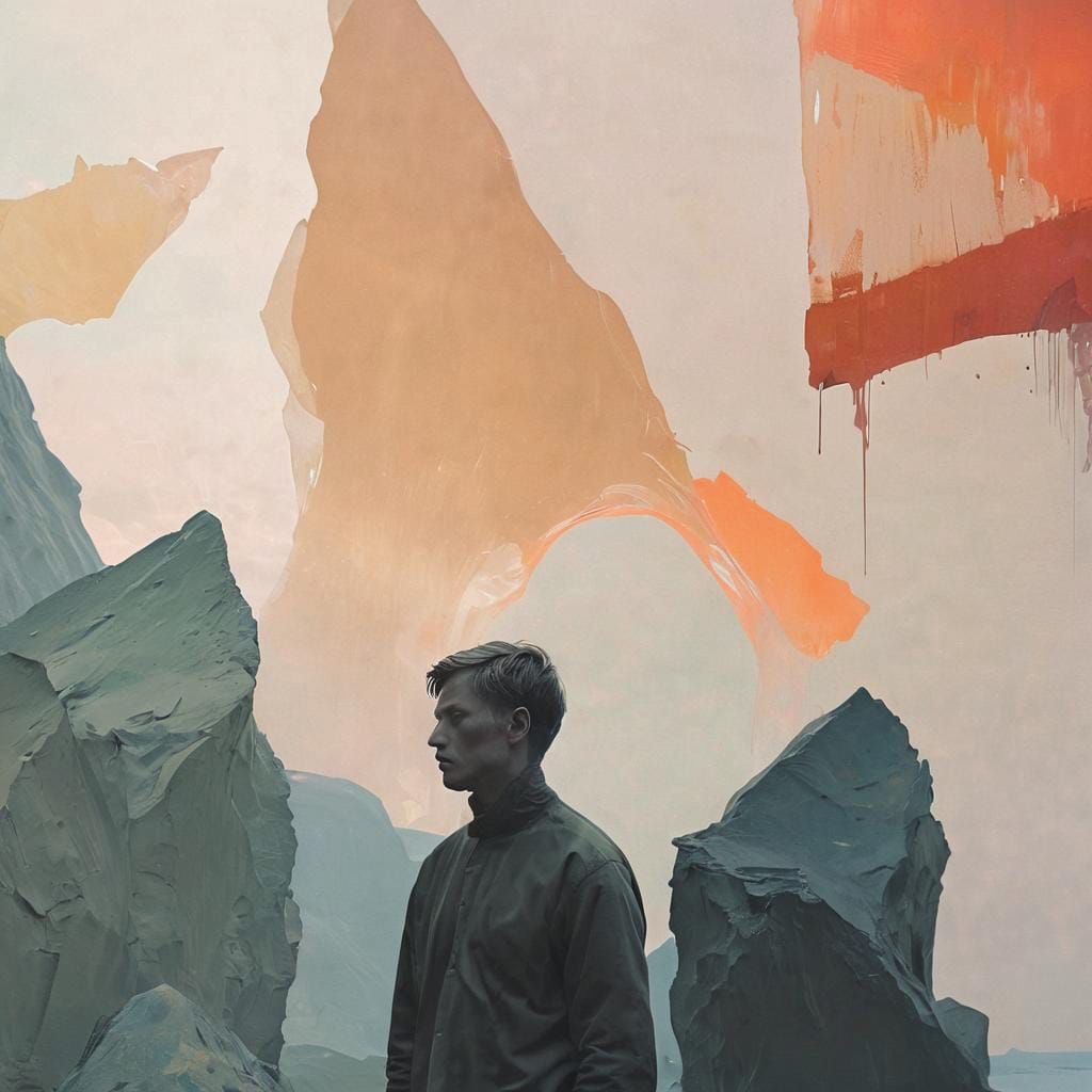 Figure Dematerializes into Muted Landscape with Vibrant Acce...