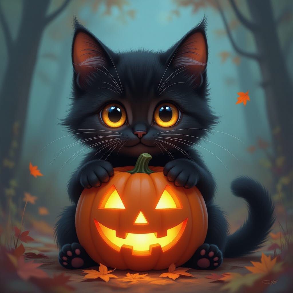 Adorable Black Cat Holding Glowing Jack-o'-Lantern