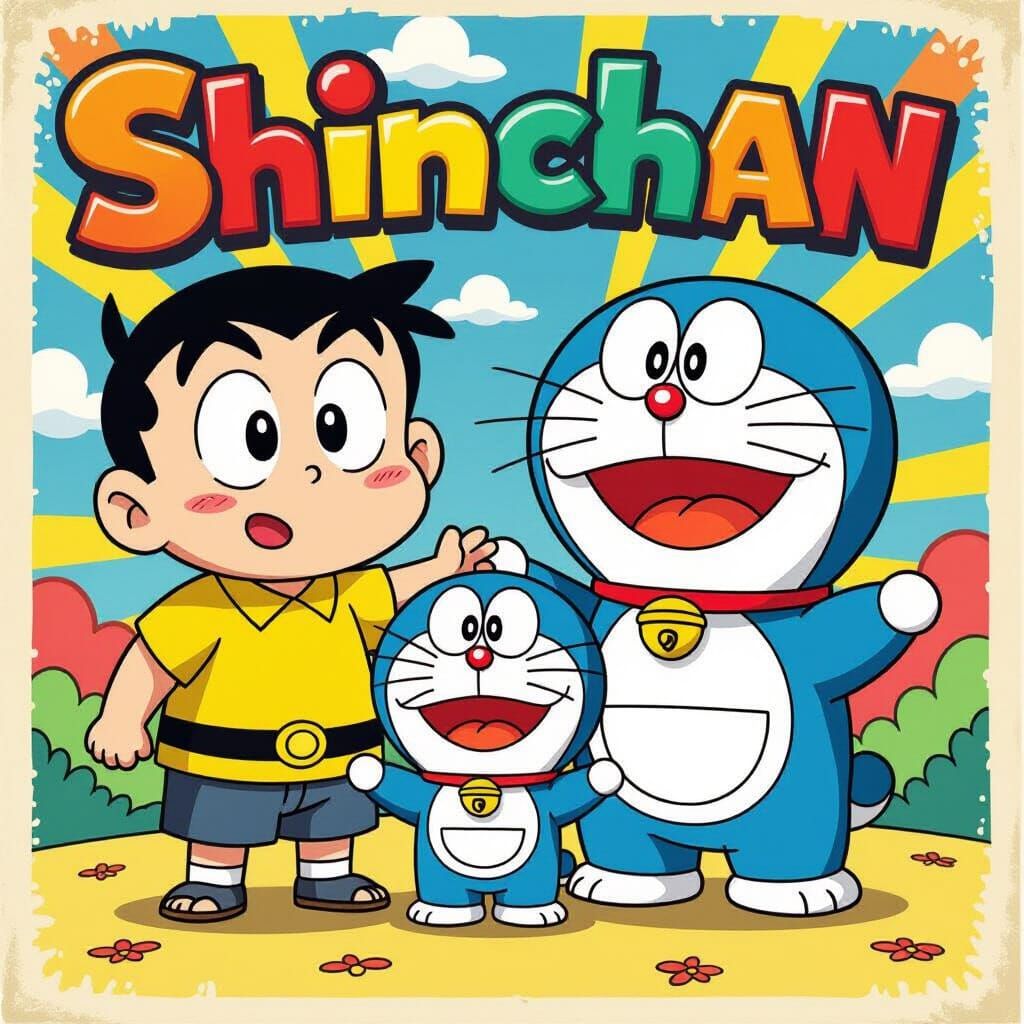 Shinchan, Doraemon, and Nobita in Manga Style