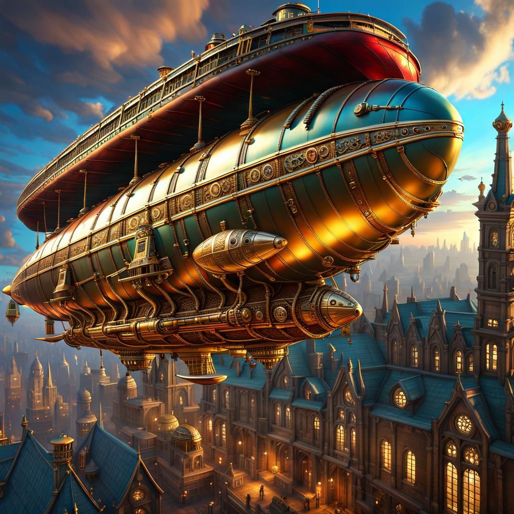 Steampunk Zeppelin in Cyberpunk Gothic City