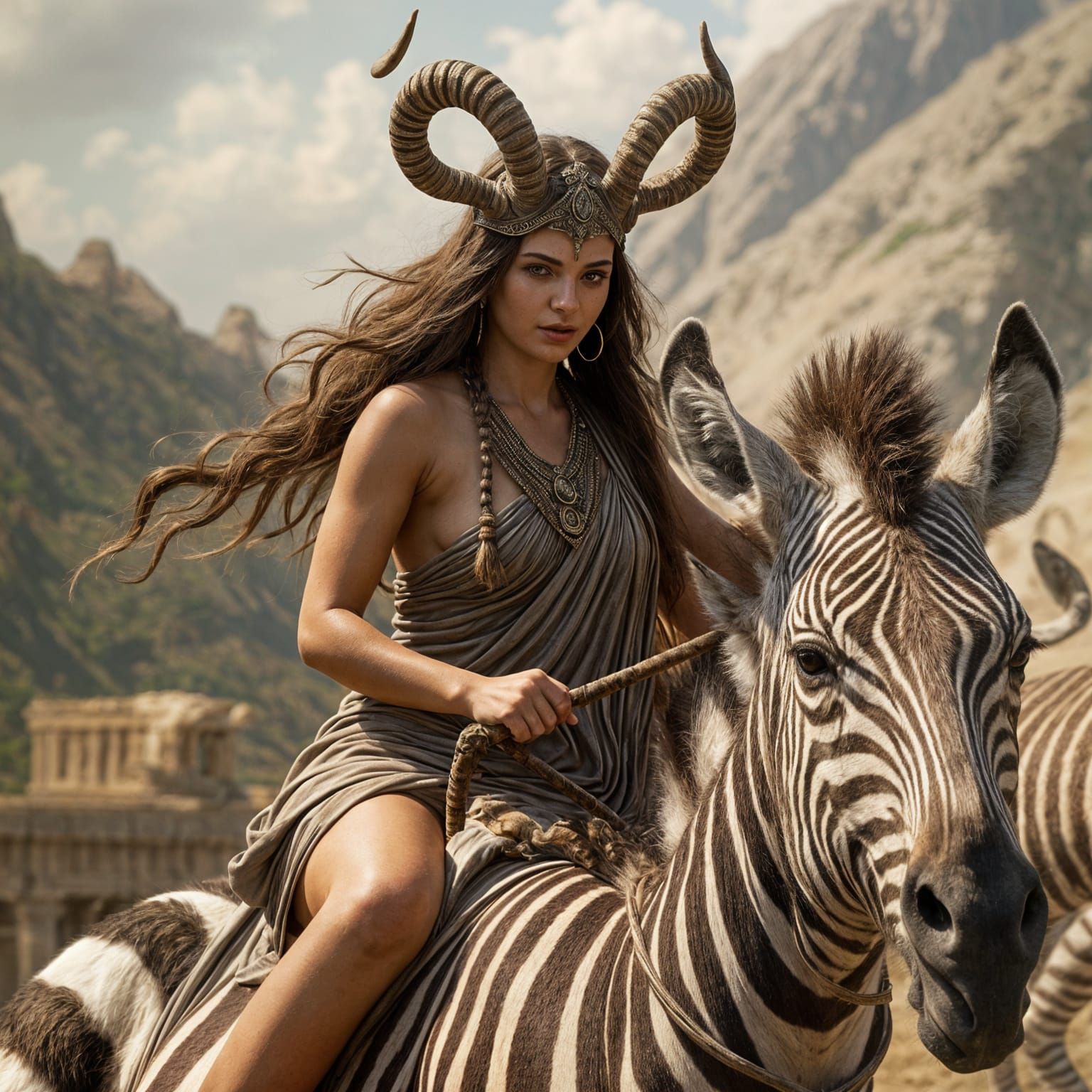 Faun and Woman Riding Zebra in Ancient Greece