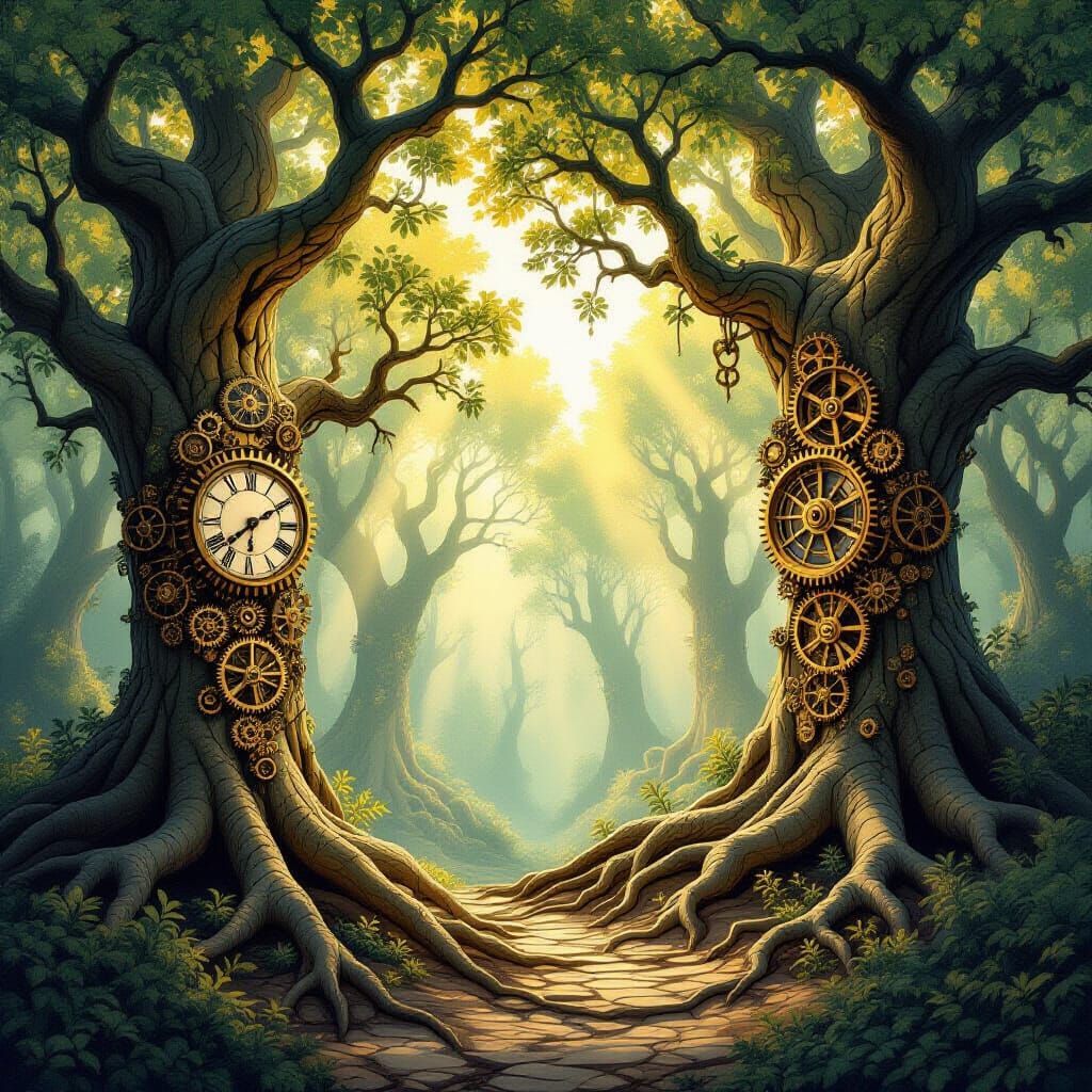 A serene nature scene where ancient trees have roots that mo...