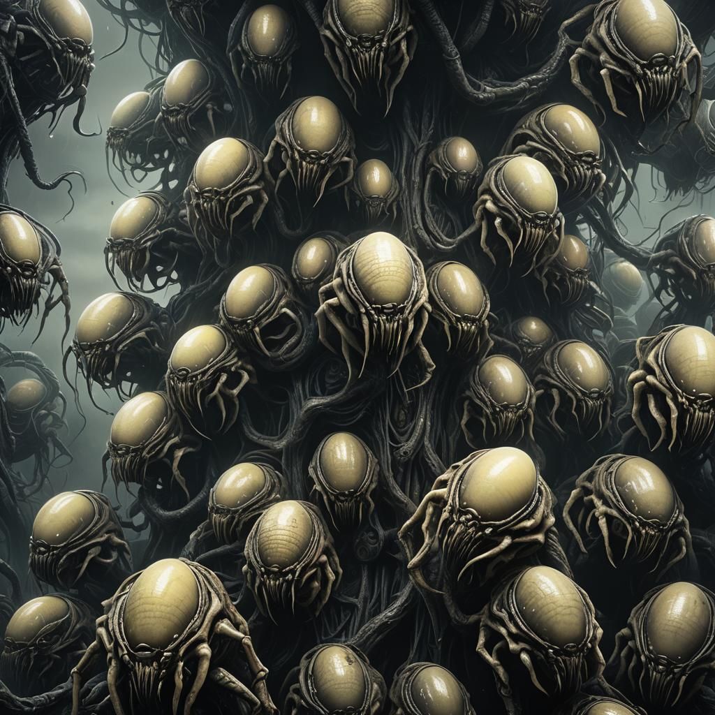 Eerie Xenomorph Hive with Bioluminescent Egg Sacks