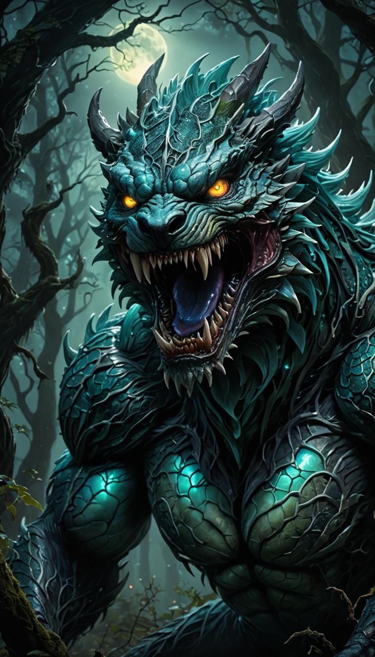 Roaring Monster Portrait in Misty Forest